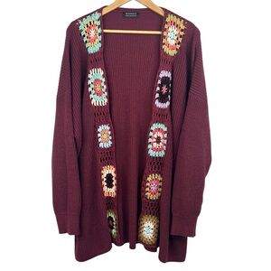 Bloomchic Burgundy knit Long Sleeve Granny Square Crochet Detail Cardigan 22-24